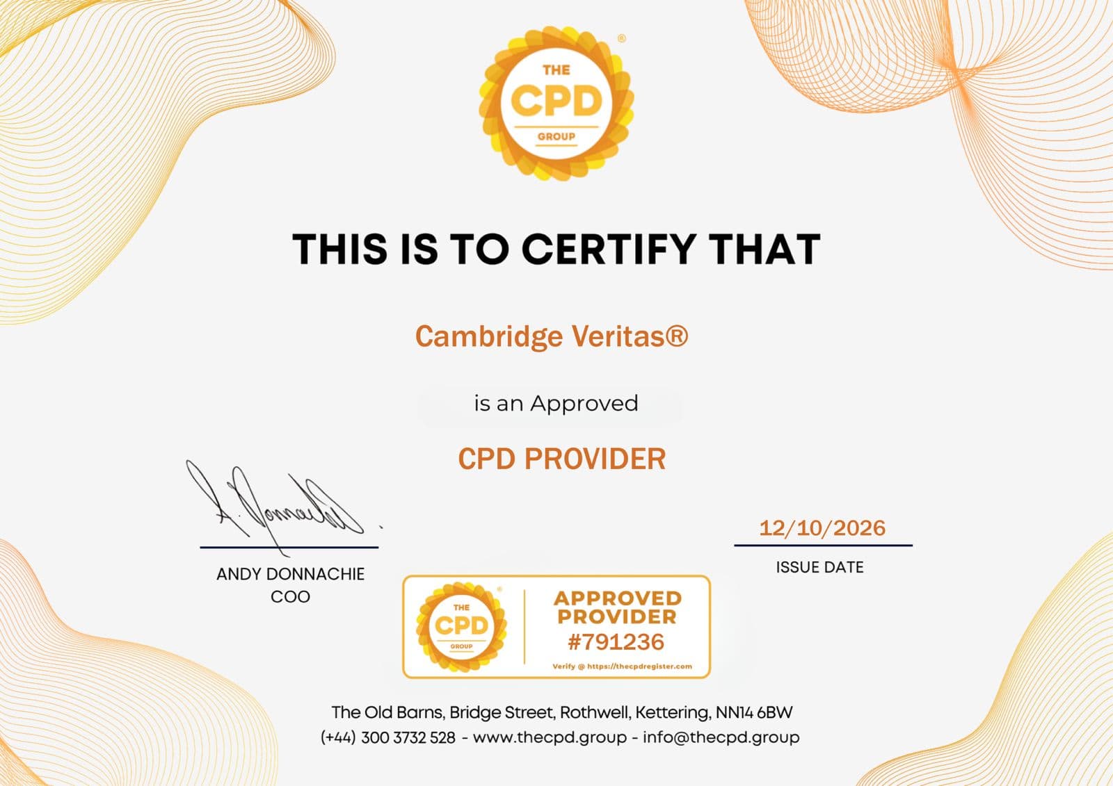 The CPD Group approved provider certificate for Cambridge Veritas, provider number 791236