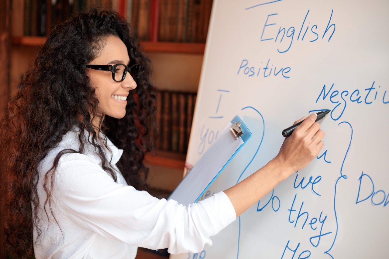 Teacher looking confused in front of a classroom whiteboard