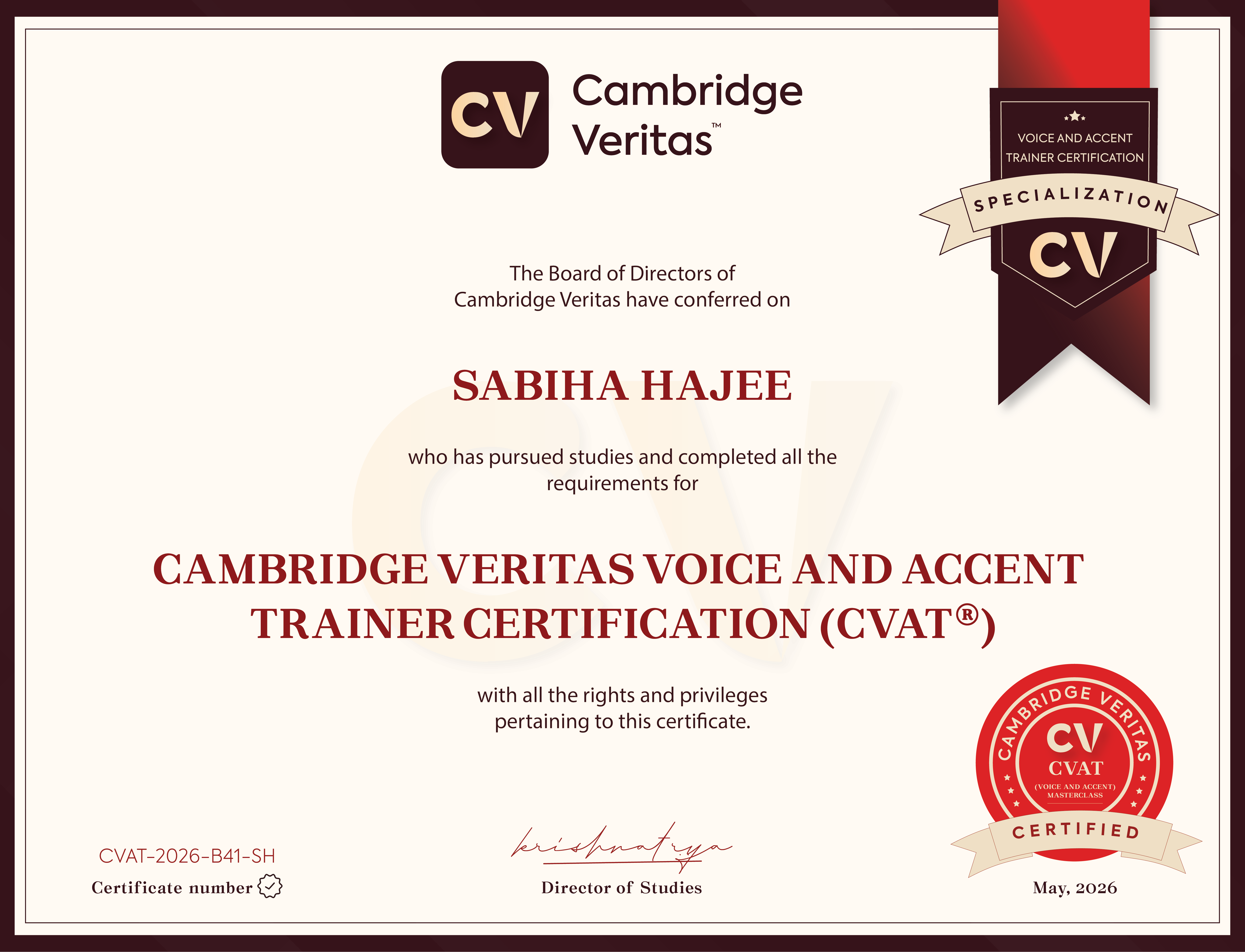 Sabiha Hajee Cambridge Veritas certificate
